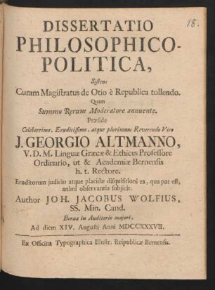 Dissertatio Philosophico-Politica, Sistens Curam Magistratus de Otio `e Republica tollendo