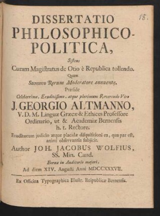 Dissertatio Philosophico-Politica, Sistens Curam Magistratus de Otio `e Republica tollendo
