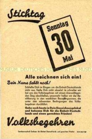 Aufruf zur Einzeichnung in die Liste des Volksbegehrens für Einheit und gerechten Frieden