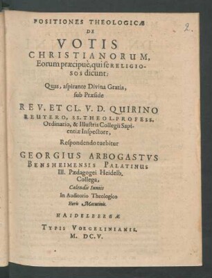 Positiones Theologicae De Votis Christianorum, Eorum praecipue, qui se Religiosos dicunt