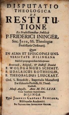 Disputatio Theologica De Restitutione