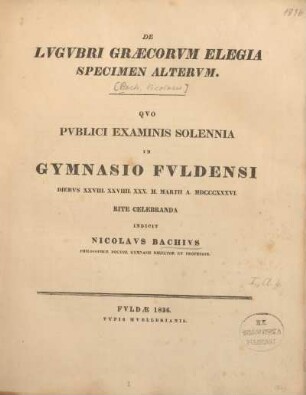 De lugubri Graecorum elegia specimen alterum