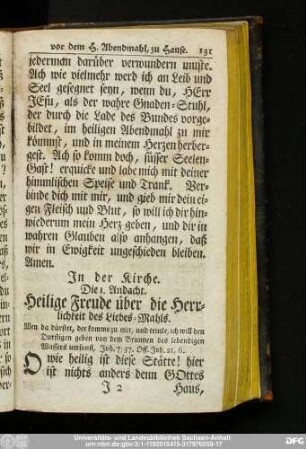 Die 1. Andacht. Heilige Kirche über die Herrlichkeit des Liebes-Mahls.