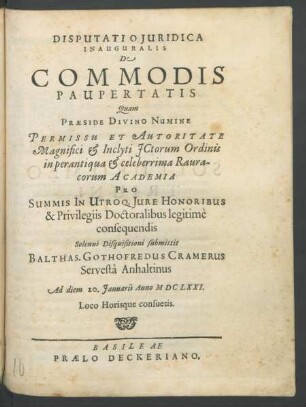 Disputatio Iuridica Inauguralis De Commodis Paupertatis