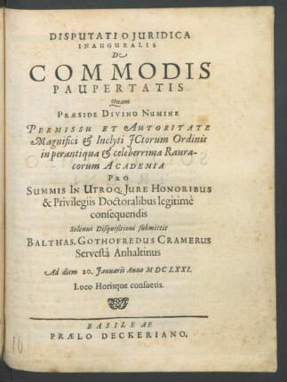 Disputatio Iuridica Inauguralis De Commodis Paupertatis