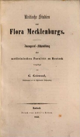 Kritische Studien zur Flora Mecklenburgs : Inaugural-Abhandlung