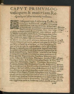 Caput Primum, Occasionem & materiam Responsionis huius ... continens.