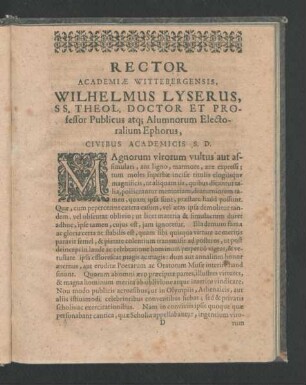 Rector Academiae Wittenbergensis, Wilhelmus Lyserus ...