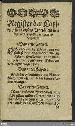 Register der Capitel, so in diesem Tractätlein verfast, und ordentlich nacheinander folgen