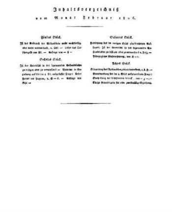 Inhaltsverzeichnis vom Monat Februar 1806