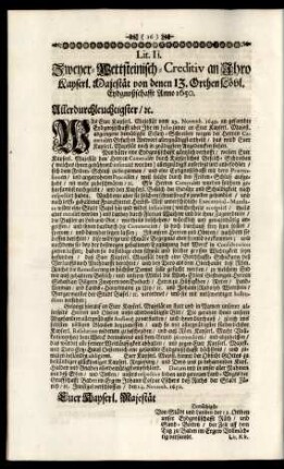 Lit. Ii. Zweyer-Wettsteinisch-Creditiv an Ihreo Kayserl. Majestät von denen 13. Orthen Löbl. Eydgnoßschafft Anno 1650.