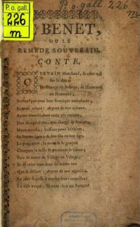 Le Benet, Ou Le Remede Souverain : Conte