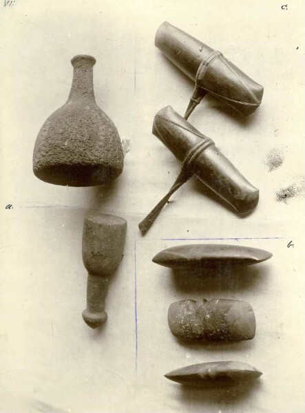 "Stone tool: a pestle, b axe blades, c stone axe with handle."