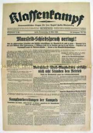 Regionale kommunistische Tageszeitung "Klassenkampf" zum Lohnkampf der Mansfeld-Arbeiter