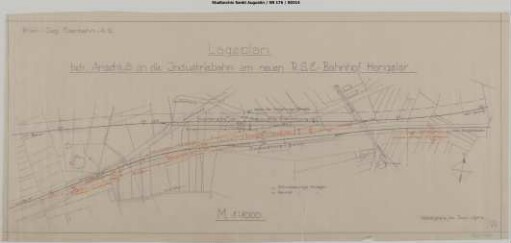 Hangelar, Bahnhof (neu): Lageplan betreffend Anschluss an die Industriebahn am neuen RSE-Bahnhof Hangelar. Lageplan neuer Bahnhof Hangelar samt Gleisanlagen der Kleinbahn Beuel - Großenbusch. Planung mit Rollwagengrube.