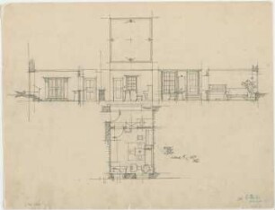 Döllgast, Hans; Möbel und Bühnengestaltung - Wohnz. R. (DG; Wandabwicklungen; Grundriss)