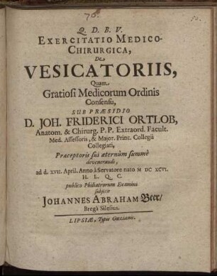 Exercitatio Medico-Chirurgica, De Vesicatoriis