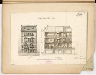 Städtisches Wohnhaus, Berlin Monatskonkurrenz März 1888: Aufriss Straßenansicht; Längsschnitt; Maßstabsleiste