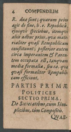 Partis Primae Politices Sectio Prima.