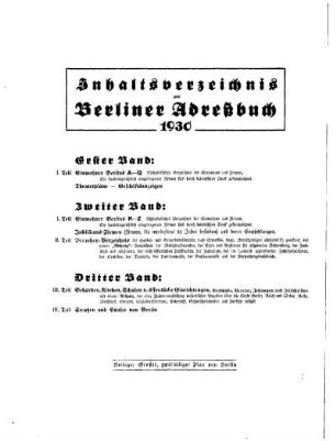 Inhaltsverzeichnis zum Berliner Adreßbuch 1930