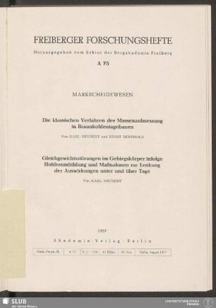 Die klassischen Verfahren der Massenaufmessung in Braunkohlentagebauen : 21 Tab.