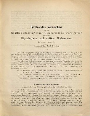 Erklärendes Verzeichnis der dem Gräflich-Stolberg'schen Gymnasium zu Wernigerode gehörenden Gipsabgüsse nach antiken Bildwerken
