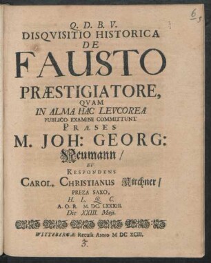Disquisitio Historica De Fausto Praestigiatore