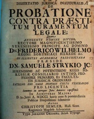 Diss. iur. inaug. de probatione contra praestitum iuramentum legale