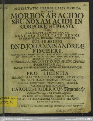 Dissertatio Inauguralis Medica, Sistens Morbos Ab Acido Seu Noxam Acidi In Corpore Humano