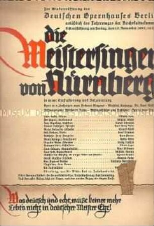 Künstlerisch gestaltetes Programmblatt zur Wiedereröffnung des Deutschen Opernhauses Berlin 1935 mit der Aufführung "Die Meistersinger von Nürnberg"