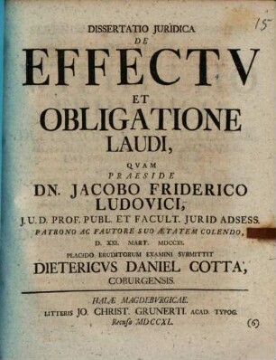 Dissertatio Juridica De Effectv Et Obligatione Laudi