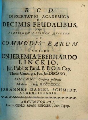 Diss. acad. de decimis feudalibus : cuius portionem decimam quartam de commodis earum