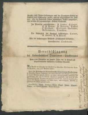 Berathschlagung des Niederrheinischen Departement-Direktoriums Vom 27ten Thermidor im zweyten Jahre ...