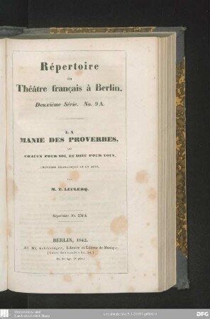 La manie des proverbes, ou chacun pour soi, et dieu pour tous : proverbe dramatique en un acte