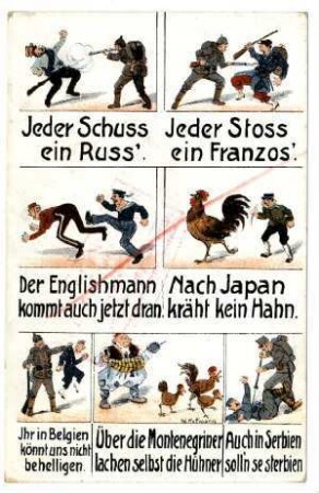 Nr. 502: Jeder Schuß ein Russ' ... (7 Bilder für die 7 Gegner), farbig (verboten, mit Zensurvermerk)