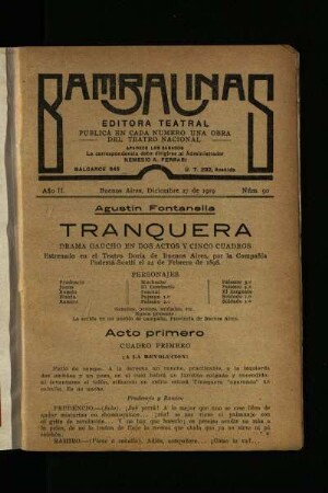 Tranquera : drama gaucho en dos actos y cinco cuadros