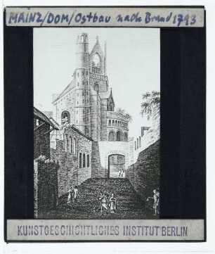 Mainz, Dom,unbekannt, Ansicht des Ostbaus des Mainzer Doms von Süden nach dem Brand von 1793 (Druck unidentifiziert)