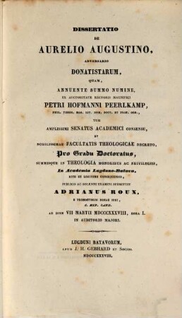 Dissertatio de Aurelio Augustino, adversario Donatistarum