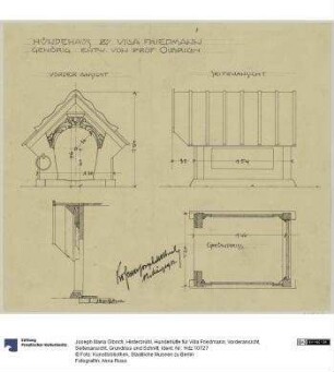 Hinterbrühl, Hundehütte für Villa Friedmann, Vorderansicht, Seitenansicht, Grundriss und Schnitt