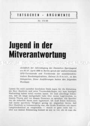 Heft aus der Schriftenreihe der SPD "Tatsachen - Argumente" zur Verantwortung der Jugend