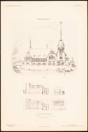 Ruderclubhaus: Ansicht, Grundrisse, Querschnitt, Lageplan (aus: Entwürfe von Mitgl. d. AVB, Neue Folge 1897/98)