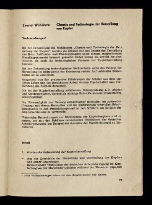 Zweiter Wahlkurs: Chemie und Technologie der Herstellung von Kupfer