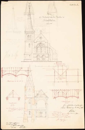 Kirche, Münchenlohra: Restaurierungsvorschlag: Ansicht, Querschnitt, Details