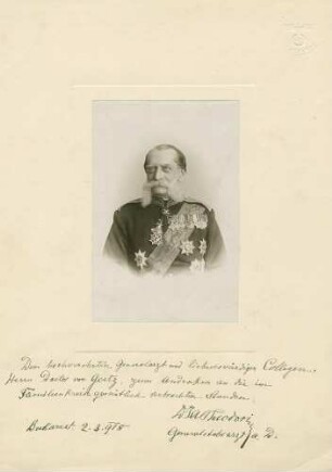 A. Theodori, Dr., rumänischer Generalstabsarzt a. D., in Uniform mit Schärpe und Orden, Brustbild in Halbprofil