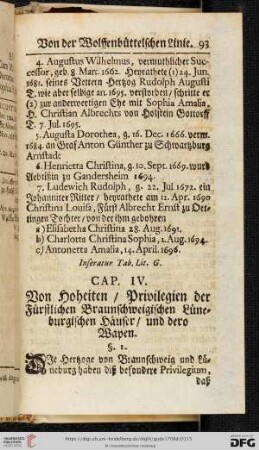 Cap. IV: Von Hoheiten / Privilegien der Fuerstlichen Braunschweigischen Lueneburgischen Haeuser / und dero Wapen