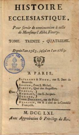 Histoire ecclesiastique : Avec la continuation par J. Cl. Fabre. 34