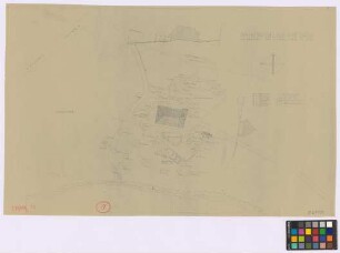 Eschbach (Landkreis Freiburg): Hugmichelhof. - Lageplan mit Backküche, Leibgeding, Haupthaus. - Geländeprofil A-B. - Geländeprofil C-D