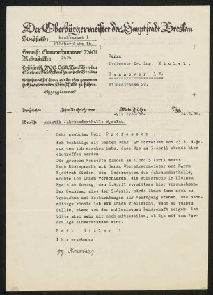 Jahrhunderthalle, Breslau Akustikgutachten: Brief von Konwiarz an Michel und Antwortschreiben (zweiseitig)