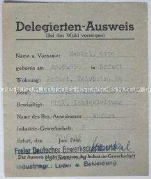 Delegiertenausweis des FDGB-Landesleitung Thüringen