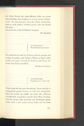 An Gerstenberg Wandsbeck, Samstag 1780